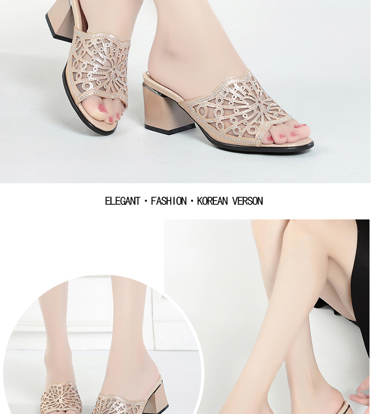 Dép sandal nữ gót vuông đính đá lấp lánh phong cách thời trang — Màu vàng chi tiết 10