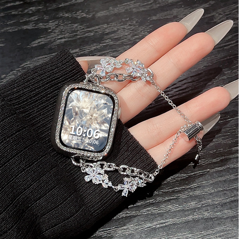 Suitable for Apple Watch Iwatch10 Strap Popular Crystal Flower Smart S9 Smart Wristband Metal Bracelet for Women