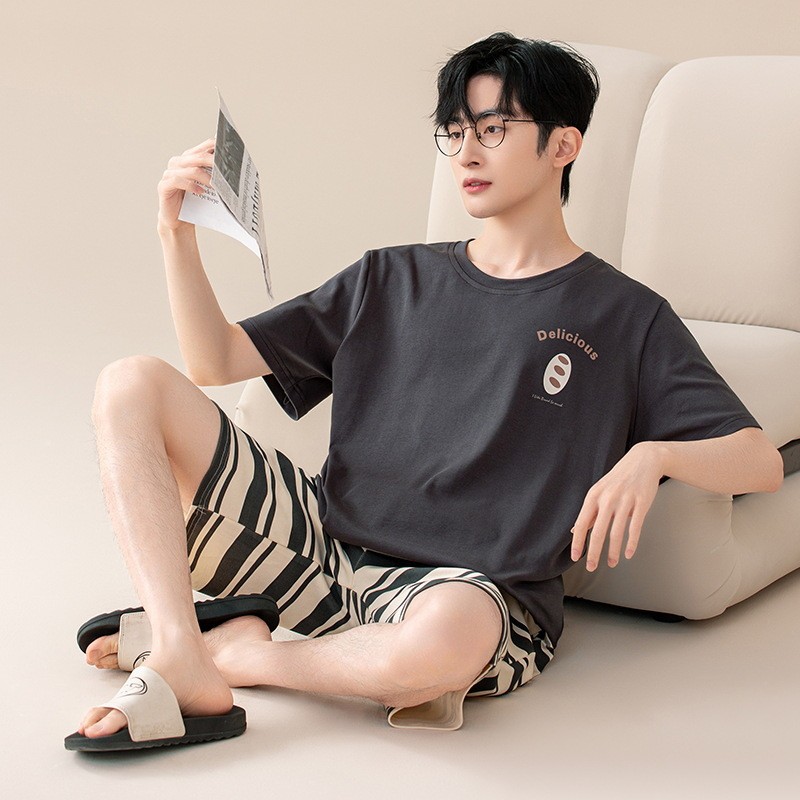 7A Antibacterial Cotton Summer Short-Sleeved Men's Cartoon Middle-Aged and Adolescent Students Men's Dormitory Shorts Home Wear Set