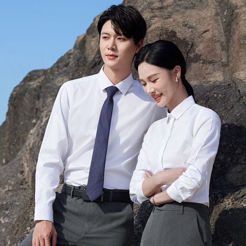 男式100%纯棉衬衫白色长袖办公室DP成衣免烫商务衬衣工装男女同款