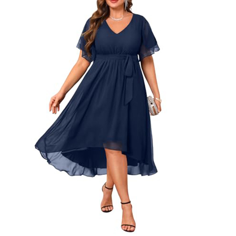 Cross-Border Amazon Short Front Long Back Chiffon Dress V-Neck High-Waist Evening Gown Bridesmaid Dress Wedding Maternity Party Dress