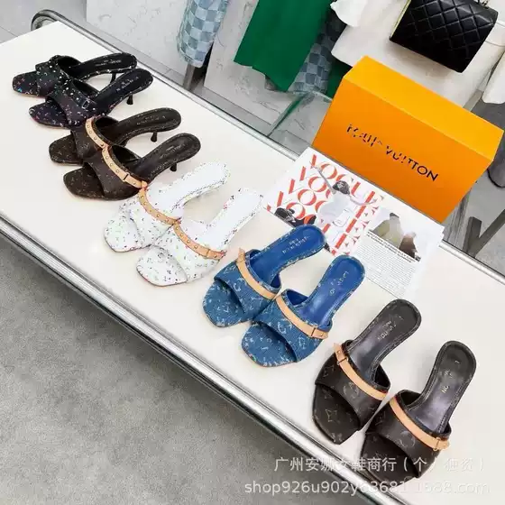 European and American 2025 Spring and Summer New Denim High-Heeled One-Line Open-Toe Sandals for Women Printed Stiletto High-Heeled Women's Shoes