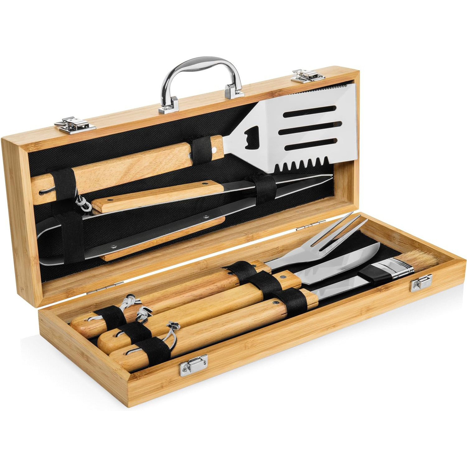 Fabricante de herramientas de barbacoa de acero inoxidable caja de bambú y madera conjunto de mango de madera de barbacoa al aire libre horquilla de parrilla de parrilla de parrilla conjunto completo