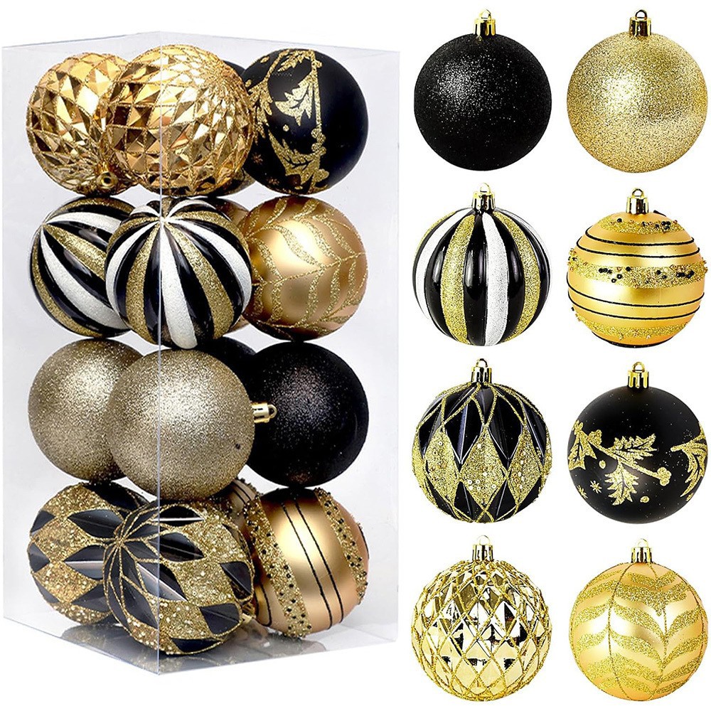 Bola de Navidad Juego de 6cm 16 Bola de Navidad de plástico galvanizado pintado en oro negro