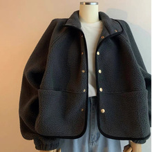 韩国秋冬季爆款小个子休闲百搭高级感复古夹克深灰色羊羔绒外套女