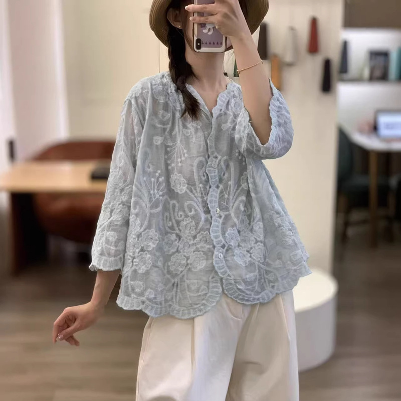 2026 Spring/Summer New Pure Cotton Embroidered Loose Fit Slimming Versatile Cardigan Sun Protection Blouse Women's Shirt Factory 2026 Spring/Summer New Pure Cotton Embroidered Loose Fit Slimming Versatile Cardigan Sun Protection Blouse Women's Shirt Factory