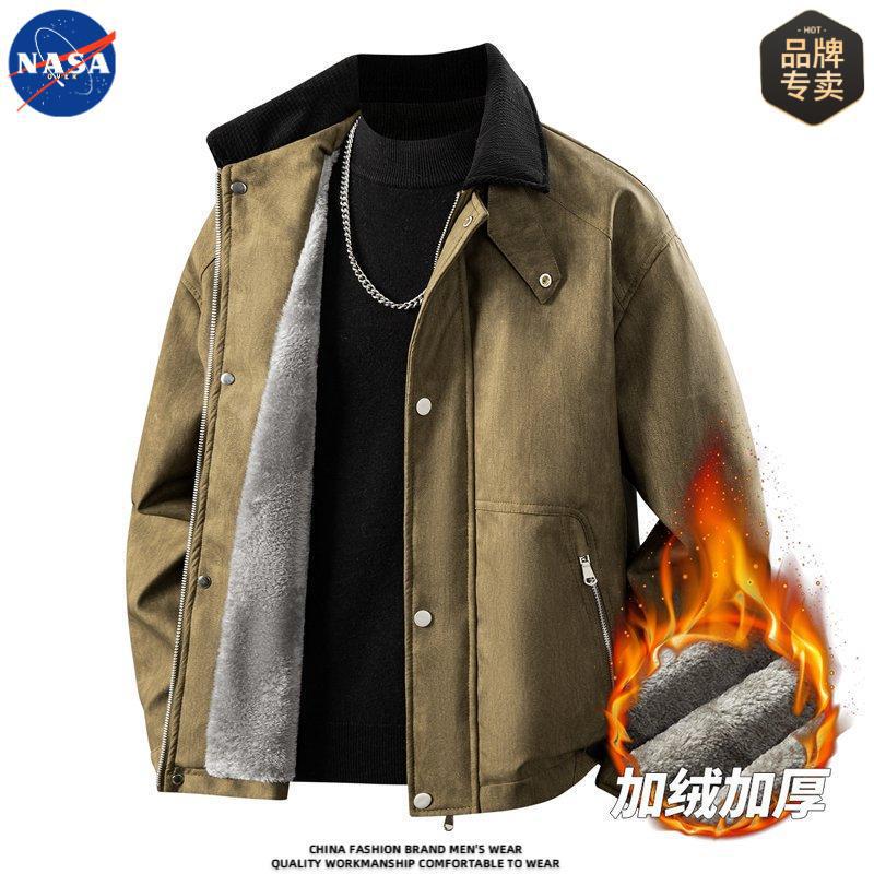 Nasa Brand Suede Lapel Jacket Men's 2025 Winter Fleece-Lined Thickeneded Warm Large Size Handsome Jacket