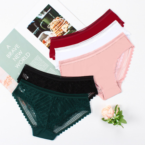 Foreign trade Japanese and Korean ice silk striped seamless large size mid-low waist women's briefs sexy lace transparent underwear