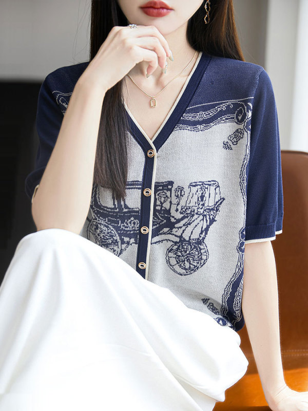 【メーカー直送】Vネックテンセル半袖Tシャツレディース夏新作コントラストカラージャカードアイスシルクセータートップトレンディ|undefined