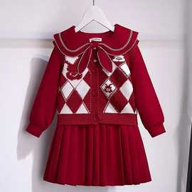 女童套装裙2024秋冬装洋气时髦女孩网红针织马甲连衣裙红色拜年服