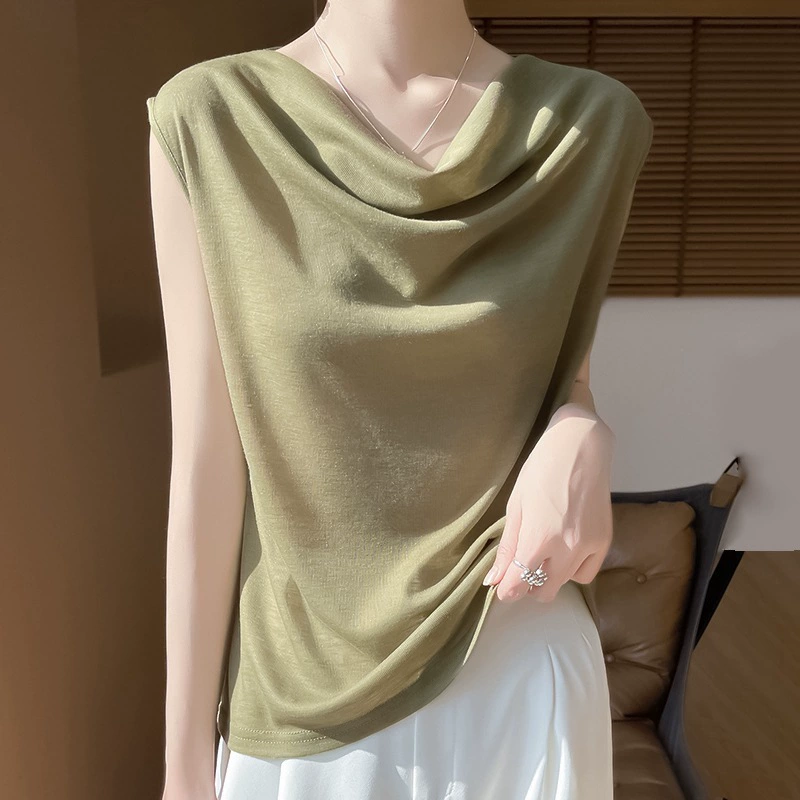 2025 весна и лето новый камвольный свитер без рукавов сплошной дизайн пуловер нижняя рубашка для женщин