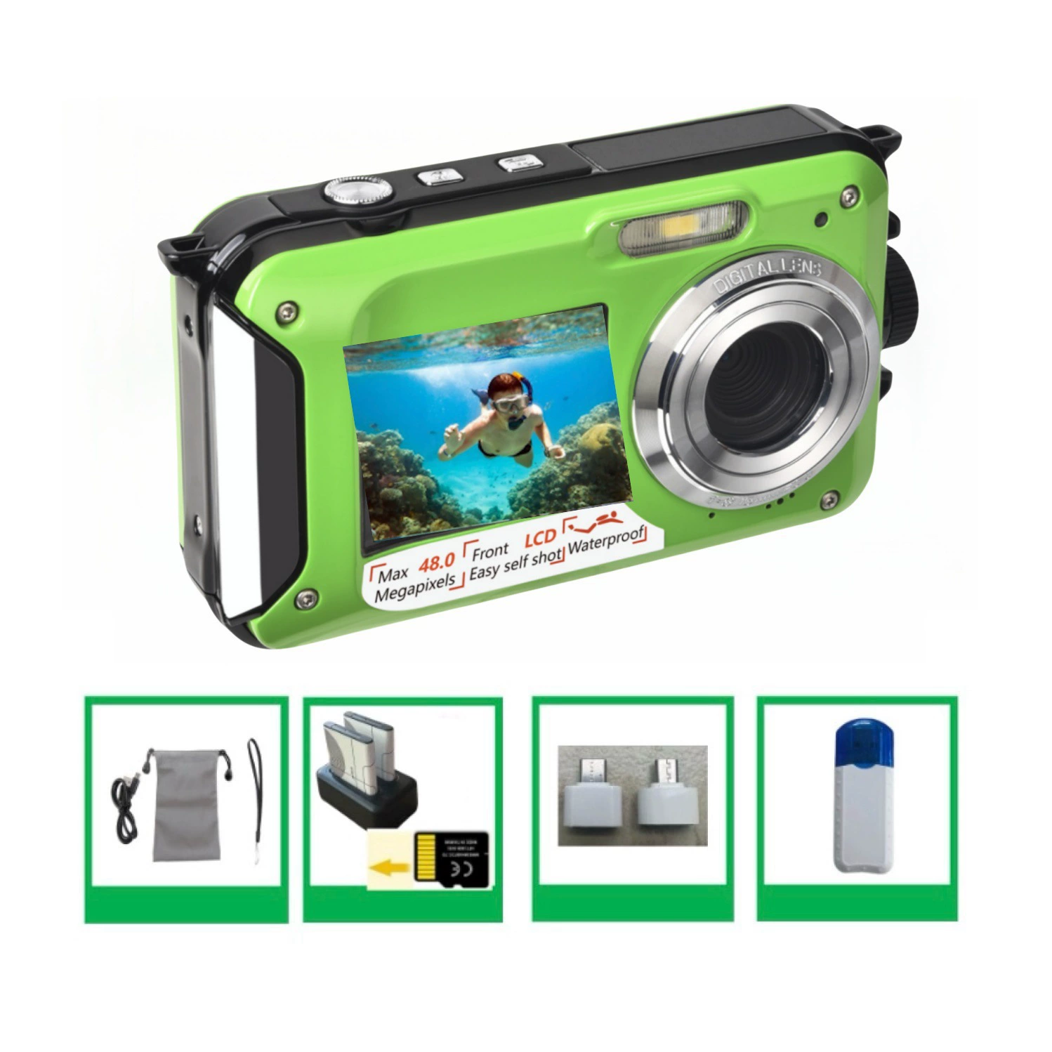 Англоязычная версия подводной камера Full HD 2.7K 48MP, водонепроницаемая для снорклинга с двойным экраном, цифровая камера B368