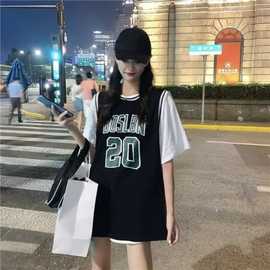 篮球服假两件短袖女2022新款潮球衣t恤女学生韩版宽松半袖ins上衣