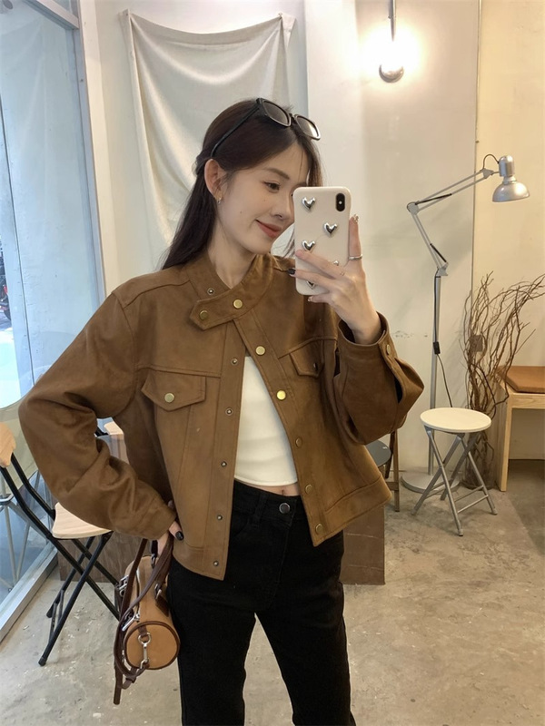 短款棕色美拉德小香风外套女春秋新款2025小个子开衫皮衣夹克上衣|undefined