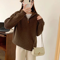 翻领半拉链毛衣女宽松外穿2025秋冬新款套头设计感打底针织衫上衣