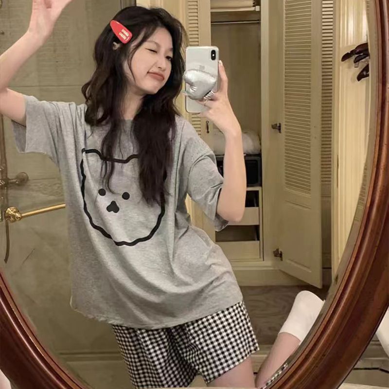 Venta al por mayor transfronteriza con almohadilla para el pecho pijamas de verano para mujer pantalones cortos de manga corta lindo abrigo de oso traje de servicio a domicilio coreano algodón de imitación