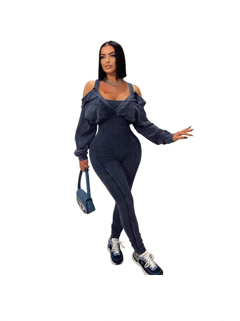 Explosiones europeas y americanas de ropa de mujer V-collar de pierna mangas apretadas empalmadas jatuanes otoño y invierno nuevo conjunto sexy nueva ropa de mujer