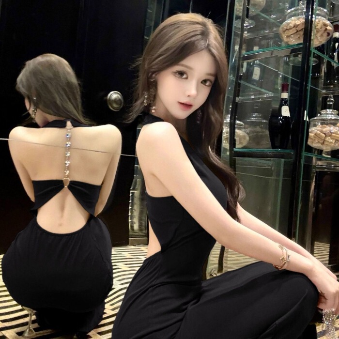 设计感露背挂脖连衣裙女夏季御姐风修身礼服长裙黑色气质包臀裙子|undefined