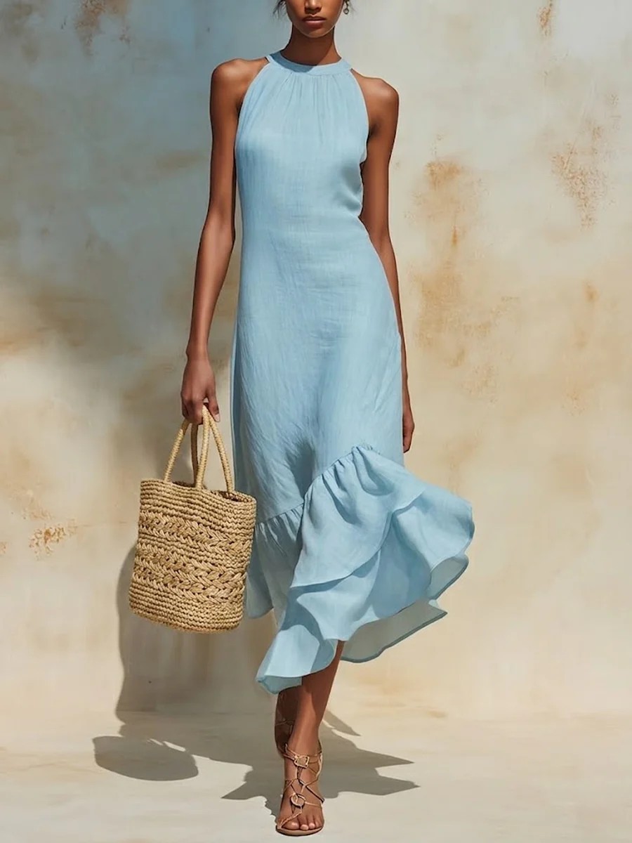 Women's Clothing Summer Women's Elegant Sleeveless Round Neck Ruffle Hem Dress Fashion Style For Formal & Casual For Women_ecoleips.com