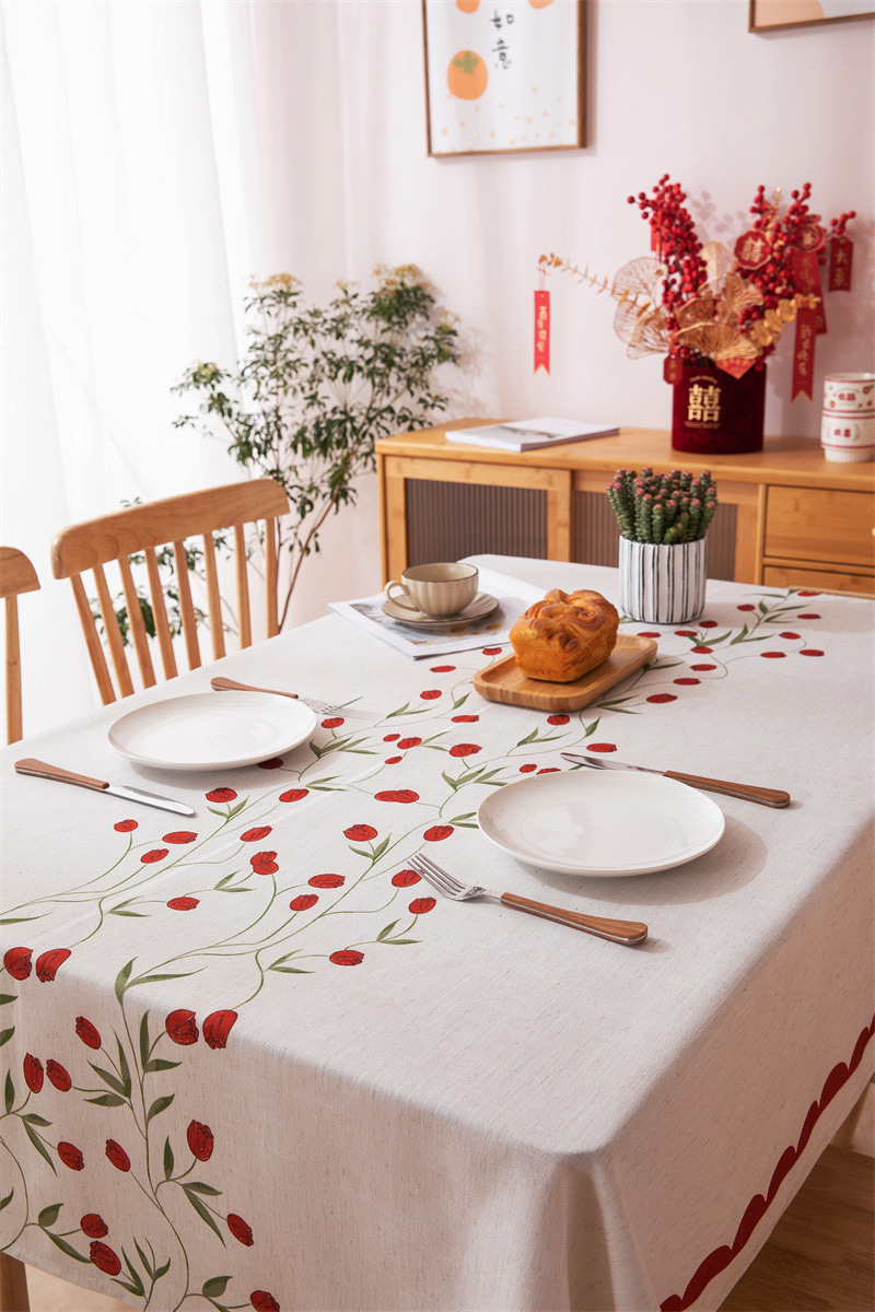 Tovaglia rettangolare per tavolino da caffè, tavolo da pranzo, decorazione per sala da matrimonio con stampa digitale rossa di tulipani e fragole._voghion.com