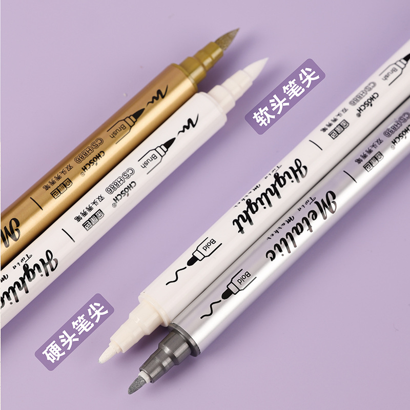 Overdue G886 Metal Color Dual-Head Glitter Pen Silver Gold Black Card Soft Tip Student Journal Marker Album Jelly