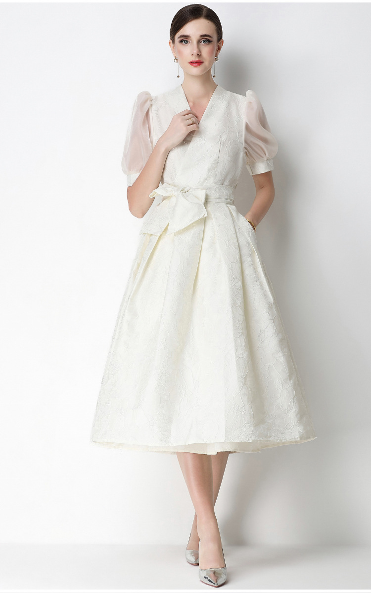 Đầm maxi nữ thắt eo V cổ tay ngắn họa tiết jacquard thanh lịch — màu đen, xanh lam, Màu hồng, màu trắng chi tiết 38