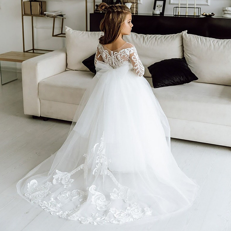Girls Long Sleeved Lace Train Dress Wedding Performance Birthday Princess Puffy Gown 3-7 Years【Pre-sale | Ships In 15 Days】_voghion.com