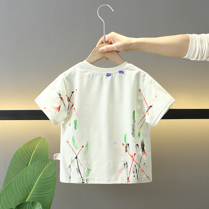 7834 Camiseta de manga corta para niños 2025 nuevo verano para niños moda de verano graffiti de media manga base ropa de bebé