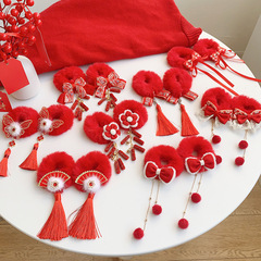 新年頭飾中國風流蘇大紅色毛圈頭繩兒童喜慶鴻運當頭扎丸子頭髮圈