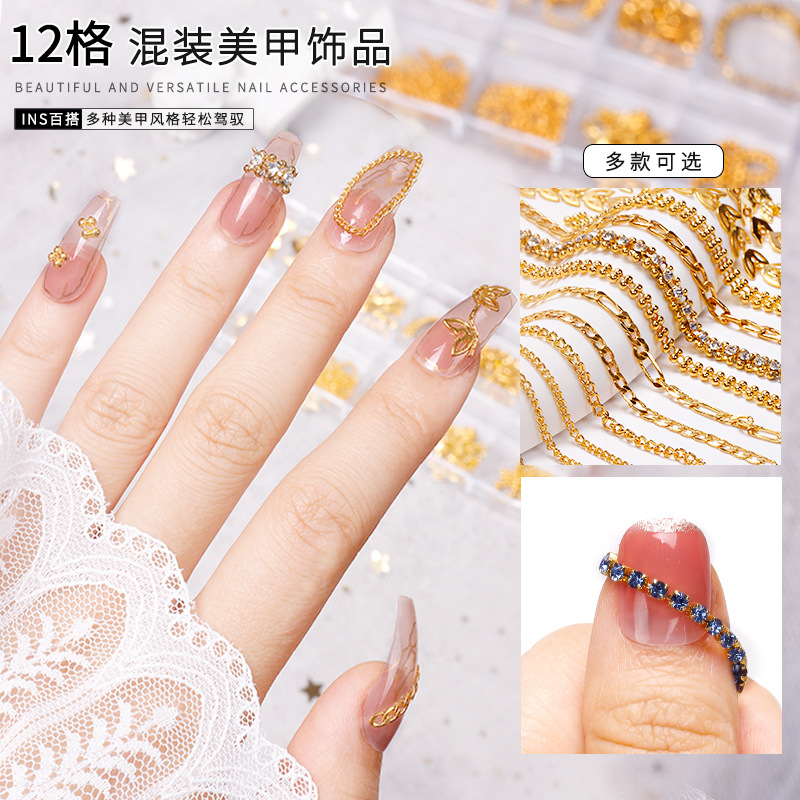 Cadena de uñas popular transfronteriza 12 rejilla joyería diamante en forma especial nueva aleación decoración de uñas Cadena de uñas decoración de metal