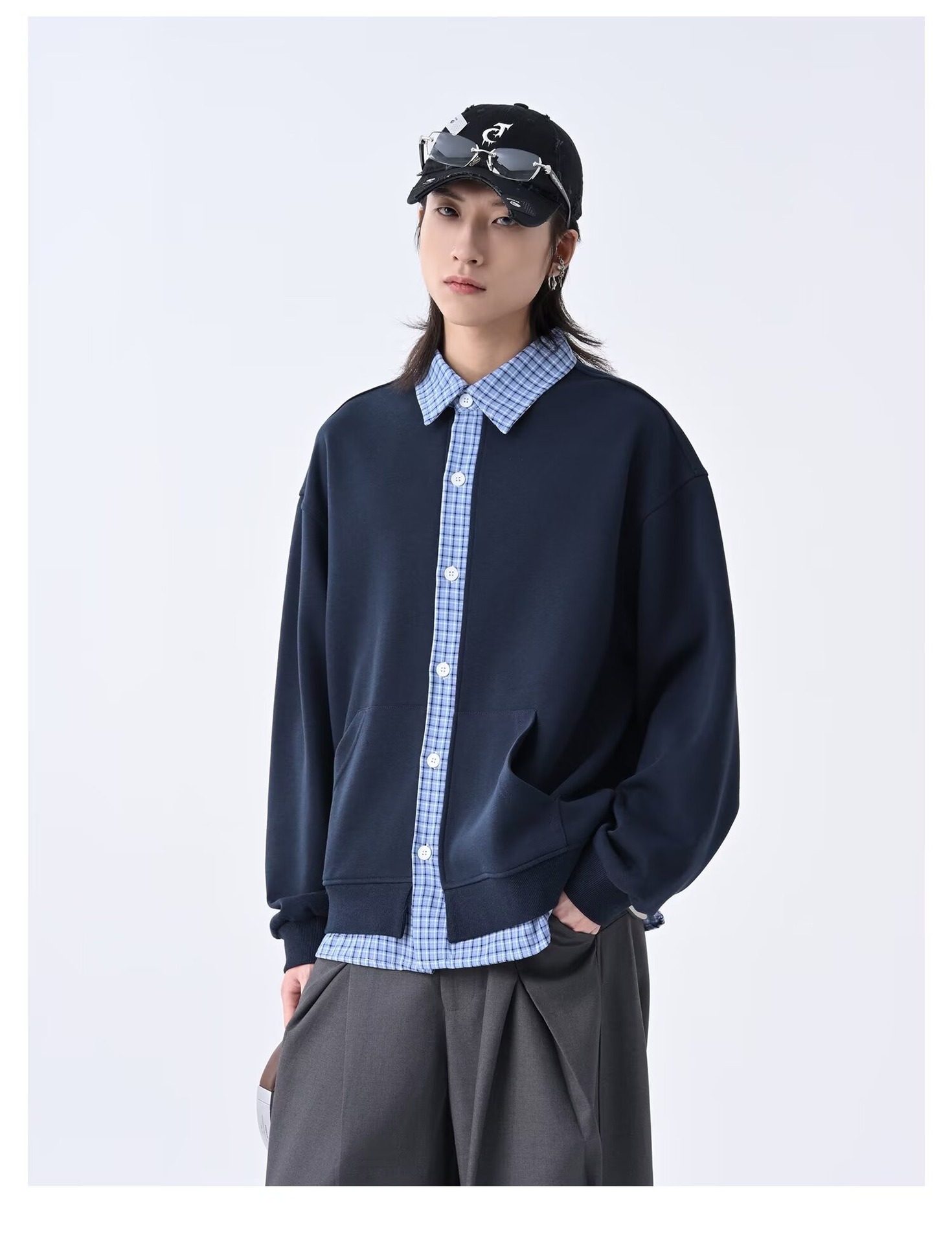 Men's Cardigan Sweatshirt Retro Checkered Patchwork Lazy Style_voghion.com