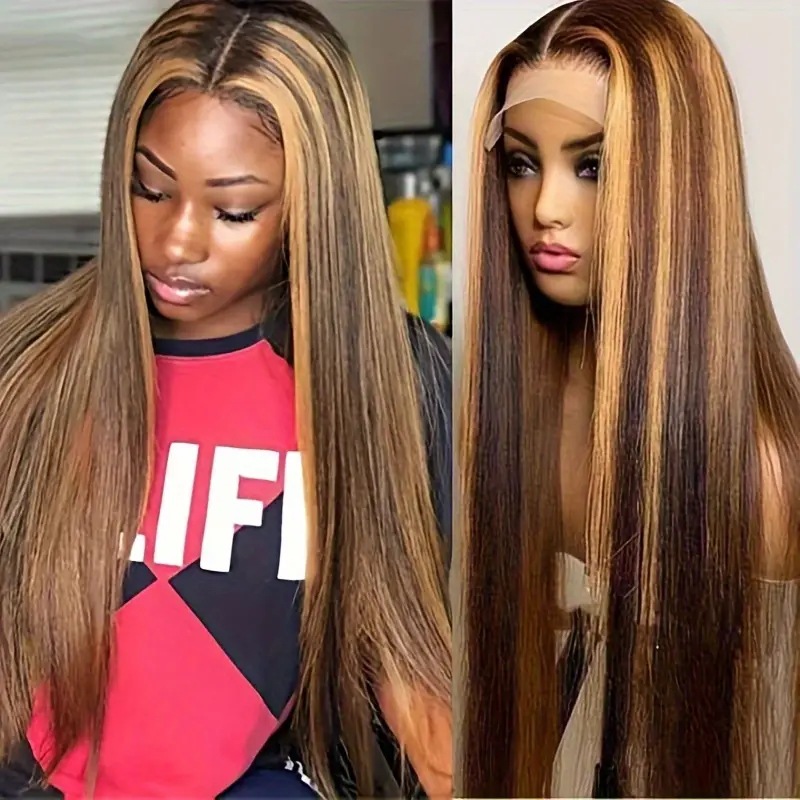 Fashion Wig Piano Colored Center Parted Long Straight Hair Extensions Full Head Cover With Lace Front_voghion.com