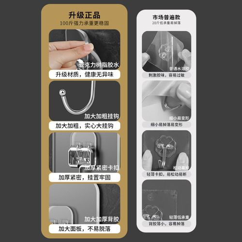 Transparent Large Hook Adhesive Hook Strong Hook Stainless Steel Clothes Hook Thickened Waterproof and Moisture-Proof Kitchen Bathroom Seamless Hook