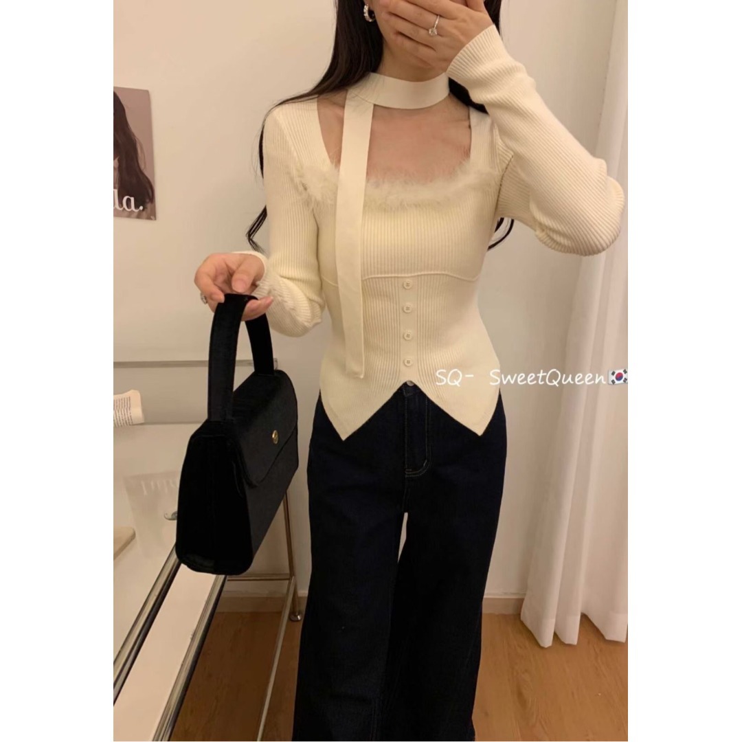 純欲の毛のつなぎ合わせの方襟のニットの女性の秋の新型の修身の小さい大衆のギャルの中でショートタイプの底の上着を掛けます。