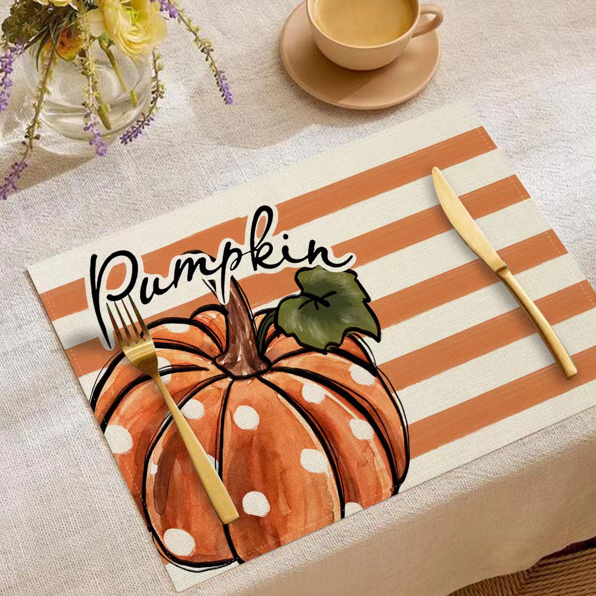 Transfronterizo temu explosión Día de Acción de Gracias otoño calabaza lino estampado conjunto lino estampado mesa de restaurante