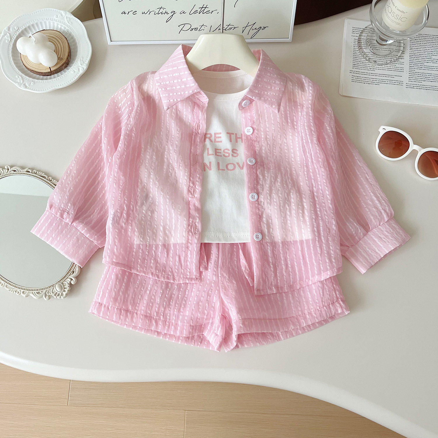 2026 New Summer Style Girls' Striped Sun Protection Long-Sleeved Shirt + Lettered Vest + Shorts Three-Piece Set