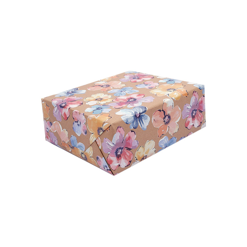 Papel de Regalo Kraft Impreso con Flores Estilo Pintado a Mano para Regalos de Cumpleaños