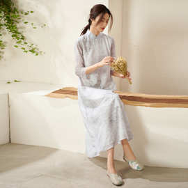 卿淑斋2021春夏季新款中国风女装长裙禅意复古印花雪纺连衣裙女夏