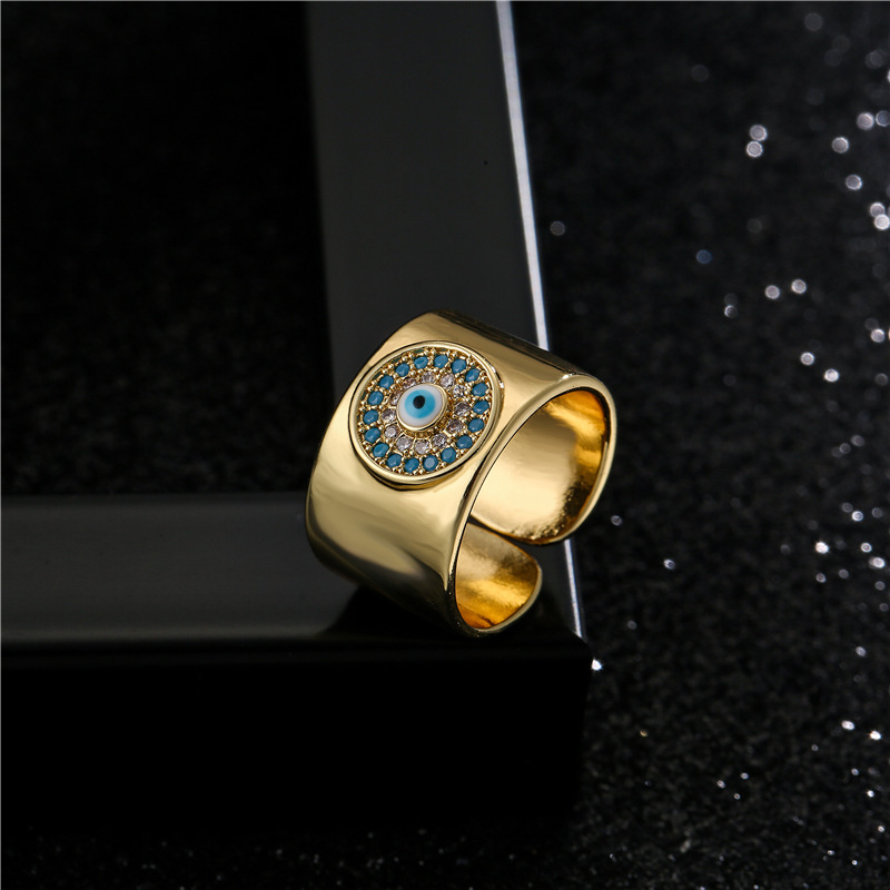 Aogu Cross-Border New 18K Gold Plated Copper Micro-Inlaid Ornament 11mm Wide Open Devil Eye Ring for
