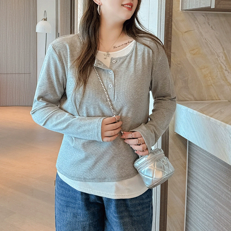 Strictly Selected plus size Early Autumn New Fake Two-Piece Base Shirt Women's Niche Design Long Sleeve Korean Top for Outer Wear