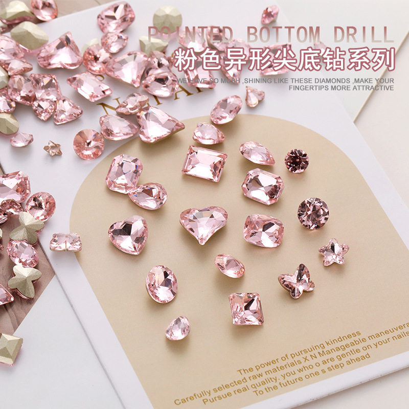 Butterfly-Shaped Rhinestone Nail Art Decoration with Tilted Heart-Shaped Base, Pink Crystal Nail Rhinestones