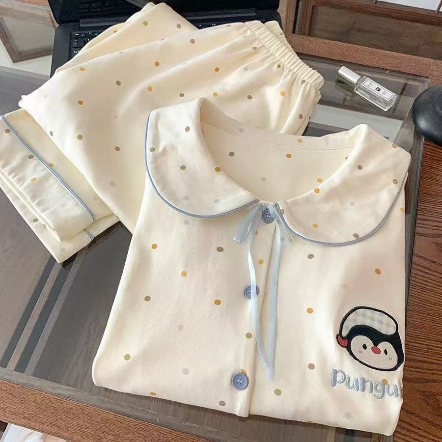 Pijamas transfronterizos al por mayor primavera y otoño mujeres nuevas mangas largas de algodón con solapa pequeña mangas largas pantalones largos casuales set de ropa casera