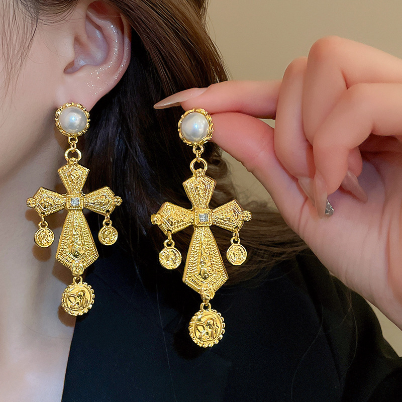 37g Weight 1 Pair Vintage Style Cross Plating Inlay Alloy Artificial Pearls Rhinestones Drop Earrings