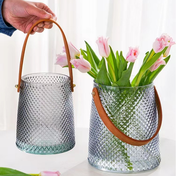 田园创意皮革手提玻璃花瓶插花干花水培器玫瑰百合客厅餐桌面摆件