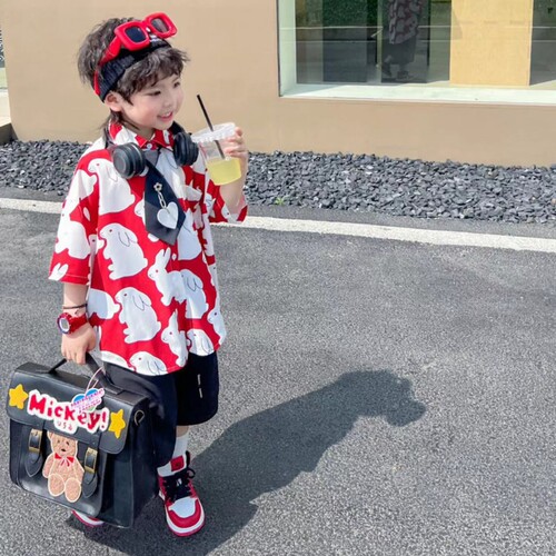 Summer new children's shirt with personality, cute cartoon rabbit, short-sleeved, versatile and trendy Korean style shirt without tie