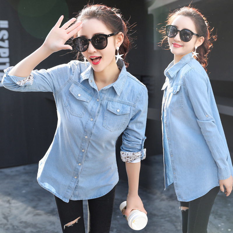 2025 Denim Shirt for Women, Long-Sleeved, Mid-Length, Slim-Fit Denim Shirt for Women, Base Layer, Bf Style