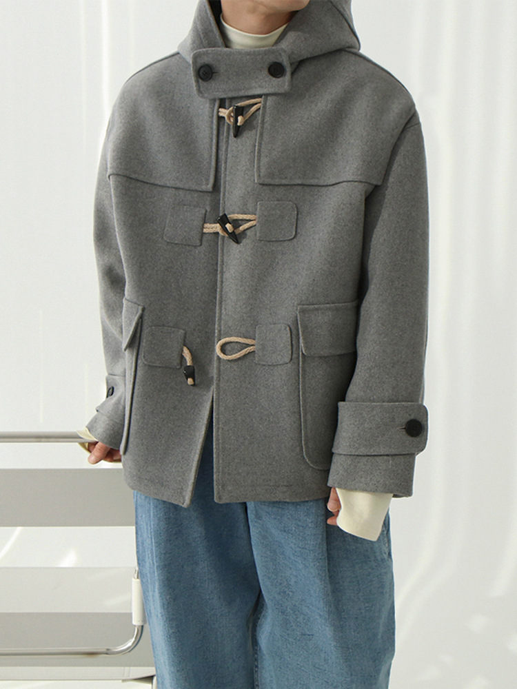 MYQ con capucha abrigo de lana de los hombres otoño e invierno cálido abrigo de algodón acolchado estilo coreano cuerno suelto hebilla abrigo de lana corto image 4