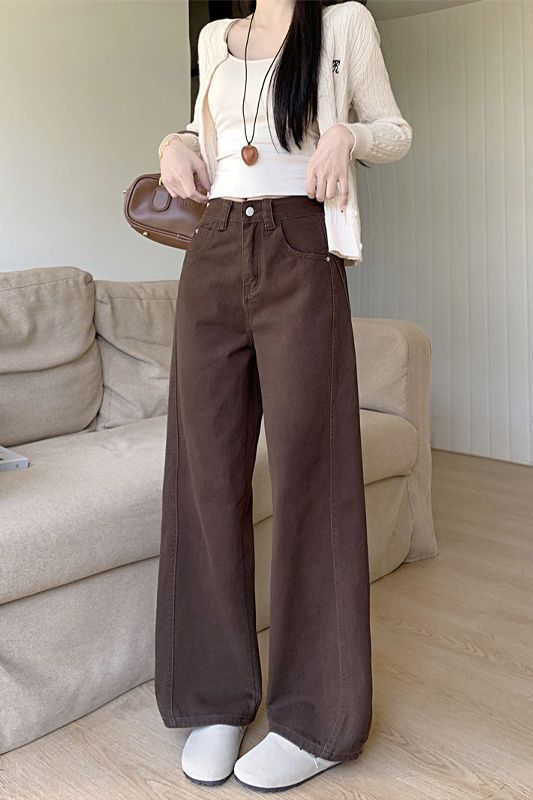 Petite Retro Coffee-Colored Wide-Leg Jeans for Women, Spring New Loose Slimming Stylish Versatile Straight Long Pants