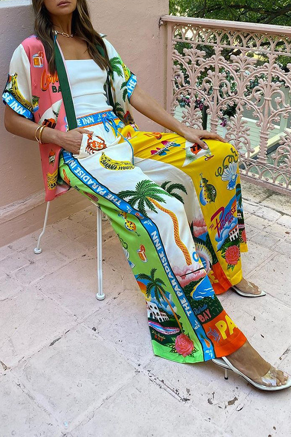 2 Pieces Set, Set Quantity Holiday Women's Streetwear Cartoon Polyester Printing Pant Co-ord Set Pants Sets