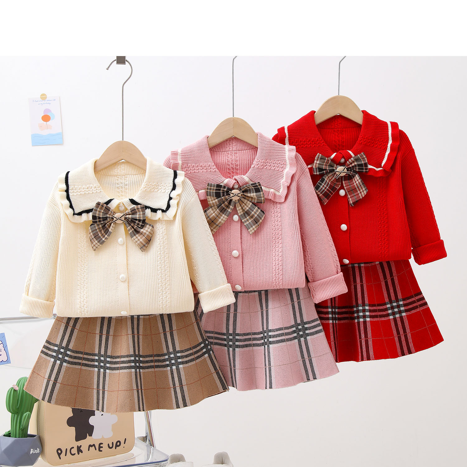 Παιδικό πλεκτό σετ για φθινόπωρο και χειμώνα, νέο φιόγκο καρό πουλόβερ, ζακέτα φούστα_voghion.com
